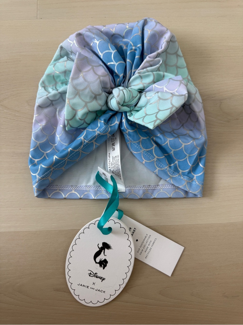 Janie and Jack Girls' Mermaid Knot Swim Cap- Light Blue, Mint & Lavender Disney